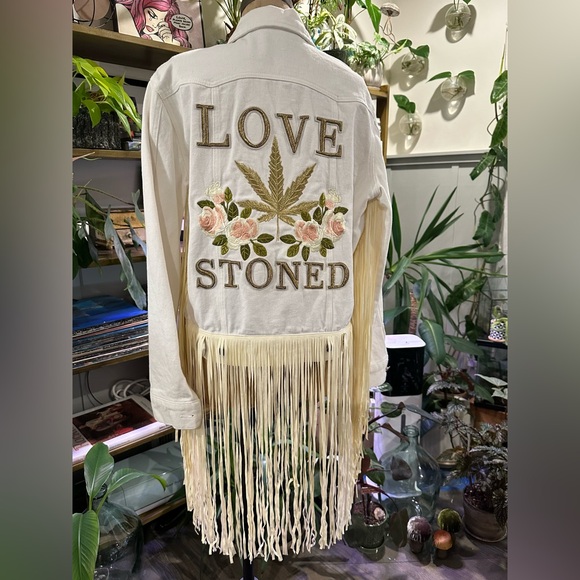 Rue de Seine Love Stoned denim jacket cream white fringe embroidered beaded BNWT - Picture 1 of 7
